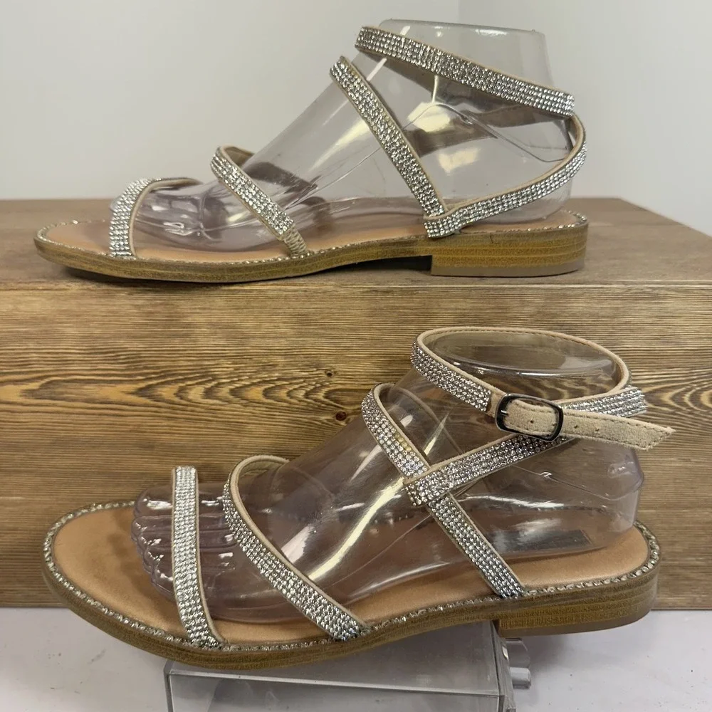 Steve Madden Transport-R Rhinestone Flat Sandals SZ 9 Sparkle Gladiator Y2K Nude